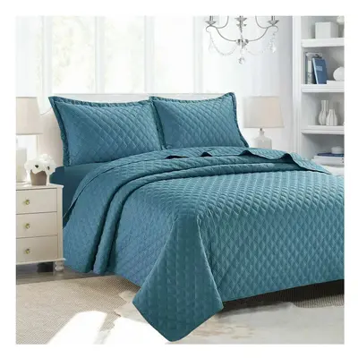 (Blue, Double 240x240cm) 3Pcs Luxury Embossed INSPIRATION Quilted Bedspread