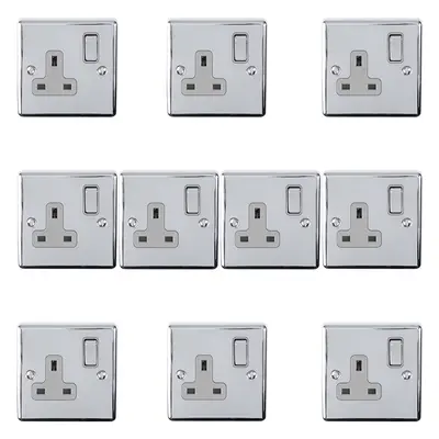 10 PACK Gang Single UK Plug Socket POLISHED CHROME 13A Switched GREY Trim