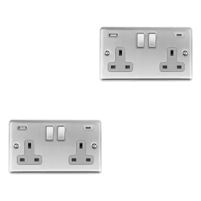 2 PACK Gang UK Plug Socket & 2x 3.1A USB-C & A SATIN STEEL & GREY 13A Switch