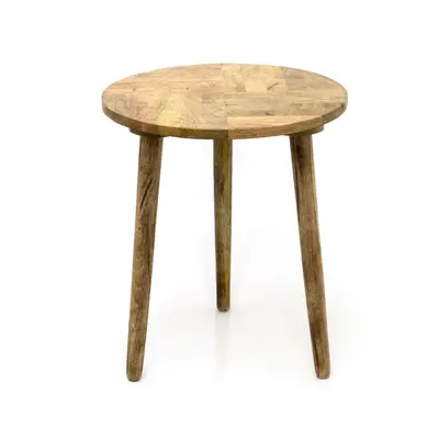 Marquetry Round Table | Mango Wood Herringbone Design Side Table | Wooden Pedestal Table End Tab