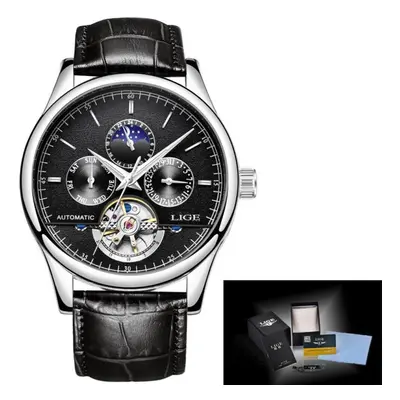 (Silver Black) Lige Leather Strap Automatic Men Wrist Watch