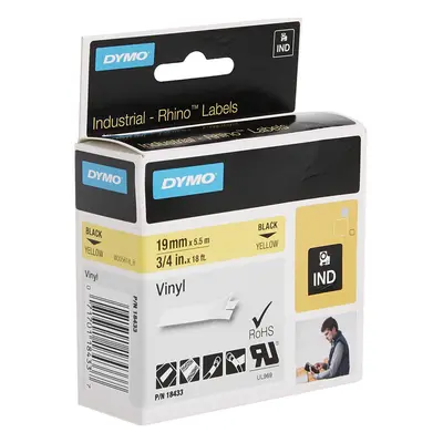 DYMO Rhino Industrial Vinyl Labels, mm x 5.5 m, Black Print on Yellow, Self-Adhesive