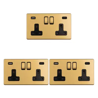 3 PACK Gang Double 13A UK Plug Socket & 2x 3.1A USB-C SCREWLESS SATIN BRASS