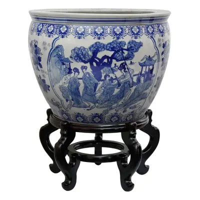 Oriental Furniture 12" Ladies Blue & White Porcelain Fishbowl