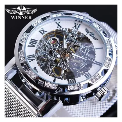 (ivory) Winner Golden Watches Men Skeleton Mechanical Watch Crystal Mesh Slim Stainless Steel Ba