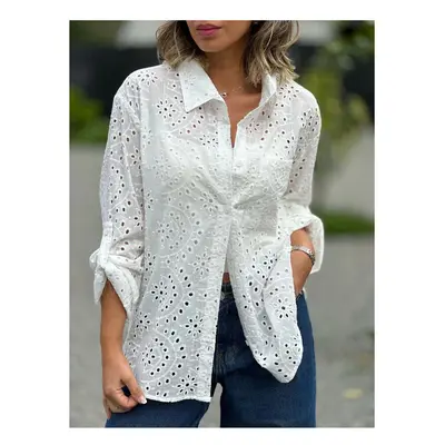 (WHITE, S) Spring Youth Elegant Women's Hollow Shirt New Shirt Single Breasted Fashion Flip Coll