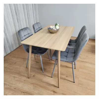 Rectangle Oak Effect Dining Table With Grey Velvet Tufted Chairs