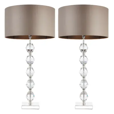 2 PACK Glass Table Lamp Light Silver Crystal & Taupe Shade Square Base Sideboard