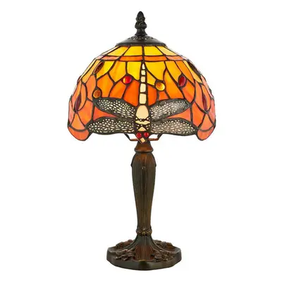 Tiffany Glass Table Lamp Light Dark Bronze Base & Orange Dragonfly Shade i00195