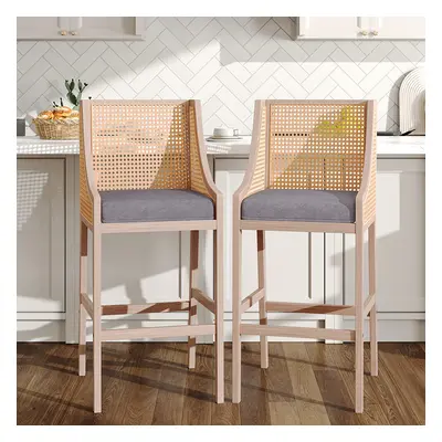 (Grey) Pcs Natural Rattan Bar Stools with Backrest