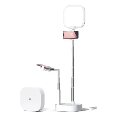 Retractable selfie stand with adjustable height and angle, rotation above the head, and two phon