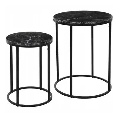 Set Of Black Metal Side Tables With Marble Effect Tops | Piece Round End Tables Nesting Tables |