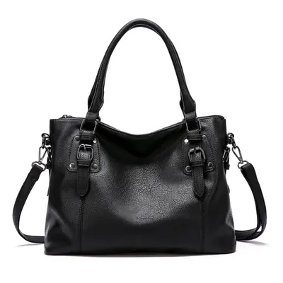 (black) Vintage Leather Tote Spacious Elegant Shoulder Handbag