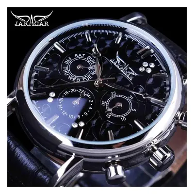 (black) Jaragar Brand Men Automatic Self Wind Mechanical Watch White Dials Calendar Blue Hands S