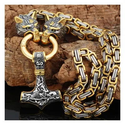 (gold, 60cm long) Never Fade Men Stainless Steel Dragon Head Norse Amulet Thor Hammer Pendant Ne