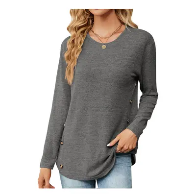 (M, dark gray) New Round Neck Solid Color Button Long Sleeve Loose T-shirt Tops for Women