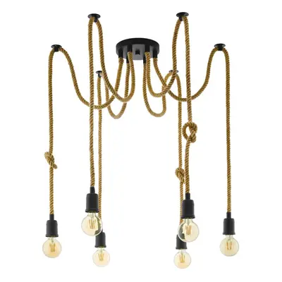 Hanging Ceiling Pendant Light Black & Rope 6x Bulb E27 Adjustable Spider Lamp