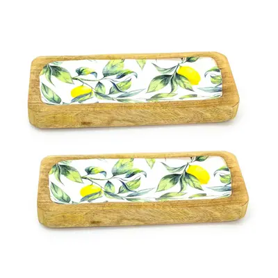 Set Of Lemon Orchard Enamelled Mango Wood Serving Platter Sharing Board