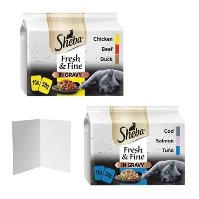 UbiPet Wet Cat Food Bundle Contains Selection of Sheba Fresh and Fine in Gravy with Beef, Duck, 