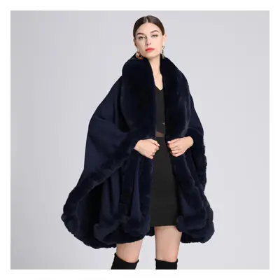 (navy blue, One size) Elegant V Lapel Faux Rex Rabbit Fur Coat Cape Winter Women Big Long Shawl 