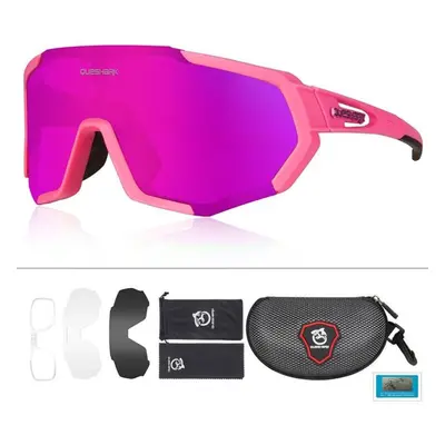 (pink) Queshark Cycling Glasses Polarized Sports Sunglasses Men Women With Interchangeable Lens 