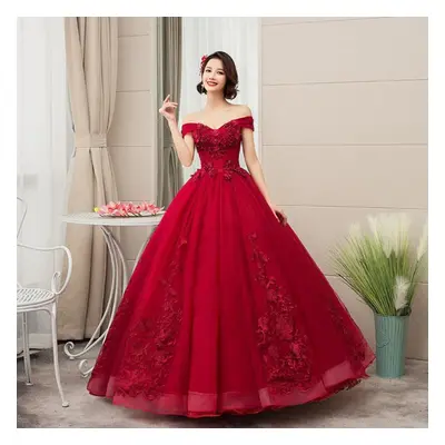 (wine red, S) Chorus Compere Party Banquet Women Off Shoulder Applique Embroidery Solid Color El