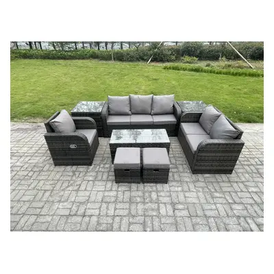 Fimous High Back Rattan Garden Furniture Set with Loveseat Sofa Rectangular Coffee Table Side Ta