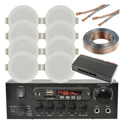 Bluetooth Ceiling Music Kit Zone Stereo Amp & 8x Low Profile HiFi Speaker