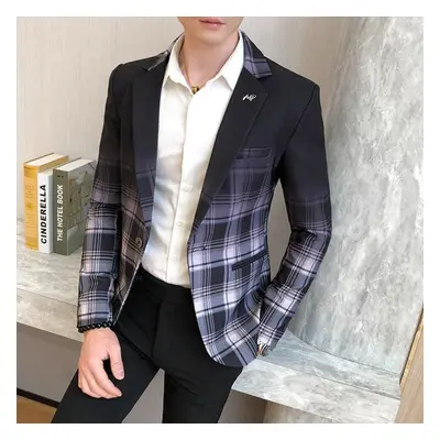 (grey, XL) Men Blazer Colorblock Plaid Blazer Men Slim Casual Man Blazers Wedding Business Party