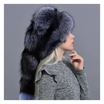 (gray) Fox Fur Hats For Women Winter Fashionable Stylish Thick Warm Beanie Hat Natural Fluffy Fu