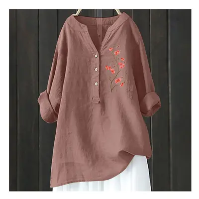 (HCY21, M) Women's Autumn Winter New Fashion Printed Button Up Shirt Long Sleeved Bamboo Linen C