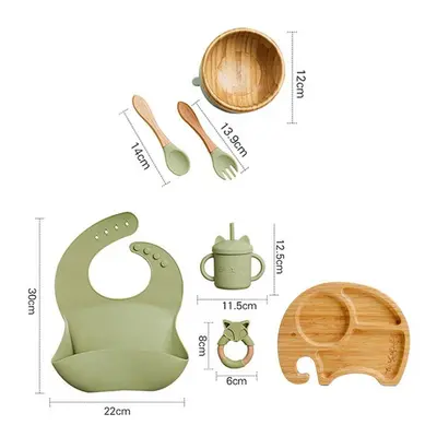 (7pcs Green set-05) Wooden Dinner Plate Feeding Supplies Bamboo Baby Tableware Silicone Suction 