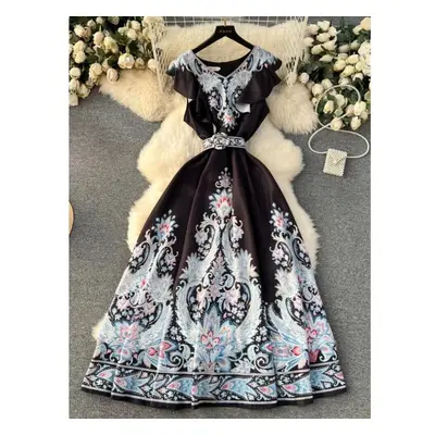 (black, XXL) Spring/summer Vintage Palace Style Dress Women&apos;s Design Sense Printed Slim Fit