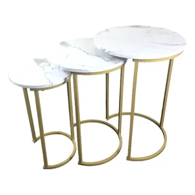 (White) Set of Round Marble Look MDF Steel Nesting Side Coffee Corner Stacking Tables Colours