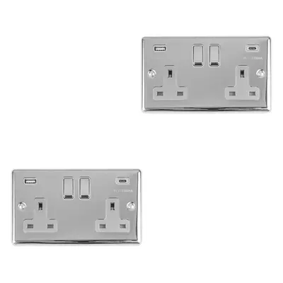 2 PACK Gang UK Plug Socket & Dual 3.1A USB-C & A CHROME & GREY 13A Switched