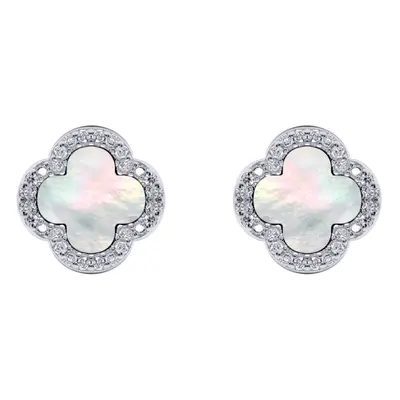 Jewelco London Rhodium Silver Clover Mother of Pearl & CZ Halo Lucky Charm Earrings 11mm - AES25