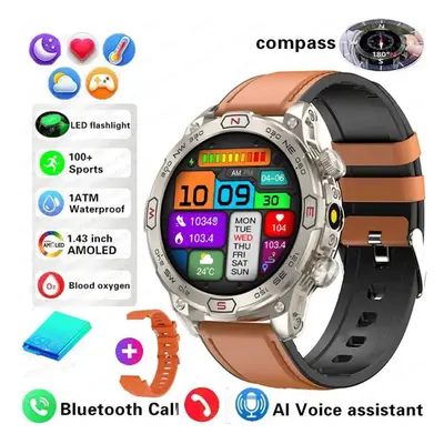 (orange, Leather + silicone) New Outdoor Military Gps Smart Watch Men Amoled Hd Screen Heart Rat