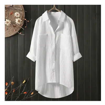 (WHITE, XL) New Oversized Fashion Women Shirts Ladies Tops Summer Button Up Shirt Casual Cotton 