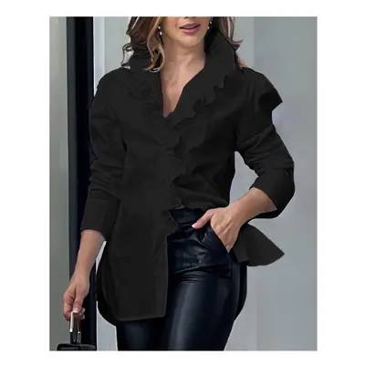 (6, XXL) Elegant Women's Shirt Spring V-neck Printed Bubble Sleeve Ruffle Edge Collar Women's Sh