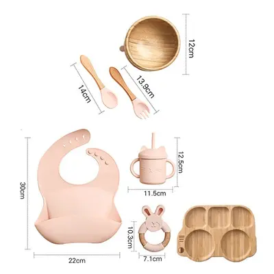 (7pcs Pink set-06) Wooden Dinner Plate Feeding Supplies Bamboo Baby Tableware Silicone Suction P