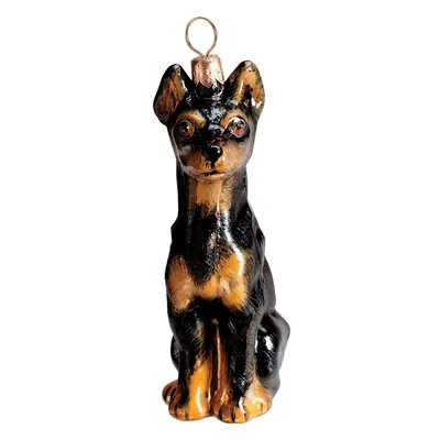 Joy To The World Miniature Pinscher Black Sitting Dog Polish Glass Christmas Ornament Decoration