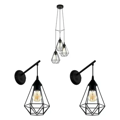 Ceiling Pendant Light & 2x Matching Wall Lights Black Wire Cage Hanging Lamp