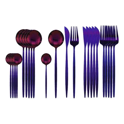 (purple) 24pcs Stainless Steel Dinnerware Set Kitchen Green Gold Cutlery Set Knife Fork Spoon Fl