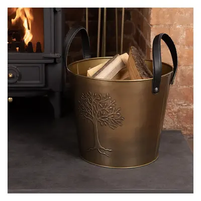 CHARLES BENTLEY Snug Mulberry Small Leather Handle Log Bucket, Metal, Leather, Antique Gold Colo