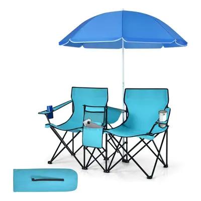 Outdoor Portable Double Camping Chair Folding Picnic Chairs W/ Umbrella Ice Bag