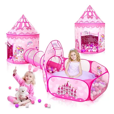 GeerWest 3PC Princess Tent for Girls with Kids Ball Pit and Crawl Tunnel for Toddlers, Pink Pop 