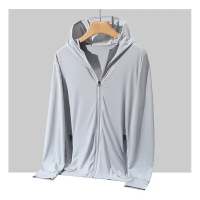 (GRAY, L) Plus Size Summer Coat Men Hooded Quick-Drying Upf Breathable Windbreaker Summer Sun Pr