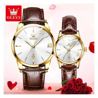 (white, 2PCS) Olevs 2pcs With Gift Box 2pcs Fashion Couple Watch Luminous Quartz Watch Men&apos;