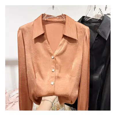 (Orange, M) Spring New Temperament Satin Blouse Long Sleeve Fashion Top Tee Ladies Office Lady B