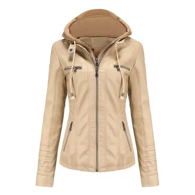 (apricot, L) Women Spring Autumn Hooded Two Piece Removable Large Size Pu Washed Leather Jacket 